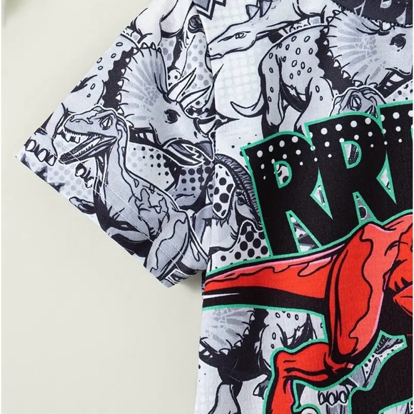 2 pcs Boys Casual Cartoon Cool Dinosaur Print shirt set grey Ages 5-6 - Picture 4 of 7